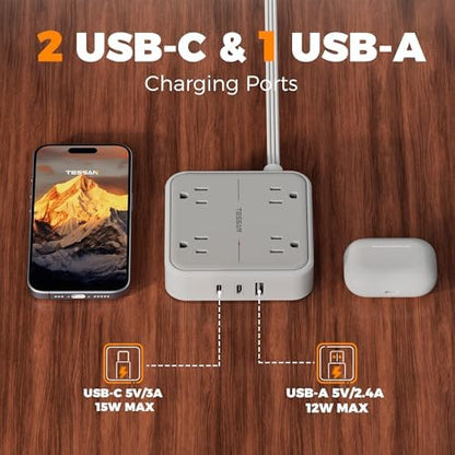 TESSAN Surge Protector Flat Extension Cord 5Ft, Flat Plug Power Strip