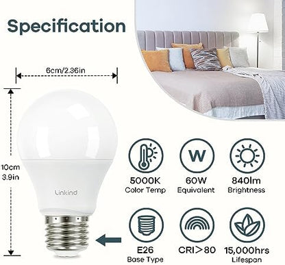Linkind A19 LED Light Bulbs, 60 Watt Equivalent, 5000K Daylight 6 Packs