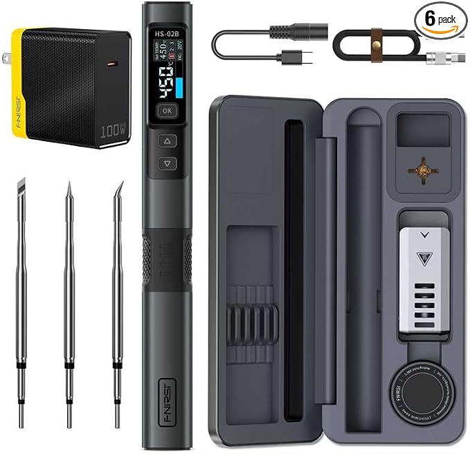 FNIRSI HS-02B 100W Corded Micro Soldering Iron Kit, 2S Fast Heating | 212-842℉, Pre-set 3 Groups Temps, Auto Sleep, 3 Pcs 210 Tips, Portable Soldering Iron Pen for Electronics Repair,with Case