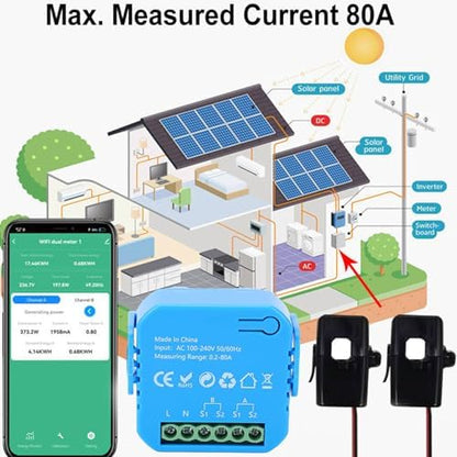 Hilitand WiFi Smart Energy Meter Real Time Monitoring Single Phase Electricity Usage Meter with 2x80A CT Clamp for Solar PV System and Home Energy Management