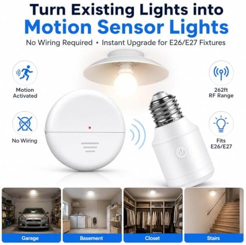 500W Light Bulb Socket Radar Motion Sensor,2Radars+1Bulb Base,260FT Range | NineLeaf E26 E27 Bulbs Base Holder, Programmable,260FT,No Wiring Needed, for Pull Chain Lighting Fixture,Stair,Closet,Garage