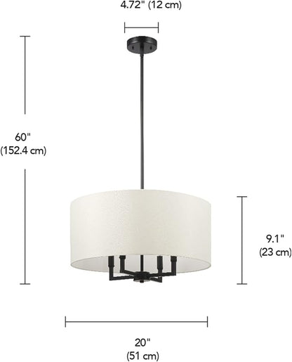 Globe Electric 67000065 4-Light Chandelier, Matte Black, Beige Fabric Shade, Modern Hanging Light for Kitchen Island, Dining Room Table or Hallway, Candelabra Base, Dimmer Switch Compatible