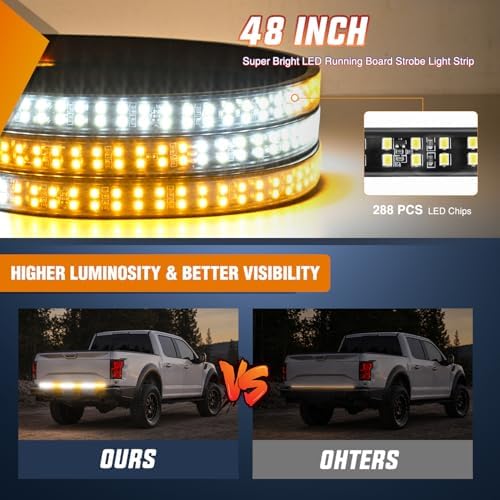 Nilight 48 Inch 288 LED Tailgate Strobe Light Strip Amber White