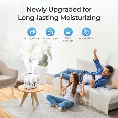CHIVALZ Humidifiers for Bedroom, 6L Cool Mist Humidifiers for Baby Nursery, 26dB Quiet, 50H Runtime, Top Fill Humidifier for Large Room, Home, Plants, Nightlight, Oil Diffuser 1 Pack White