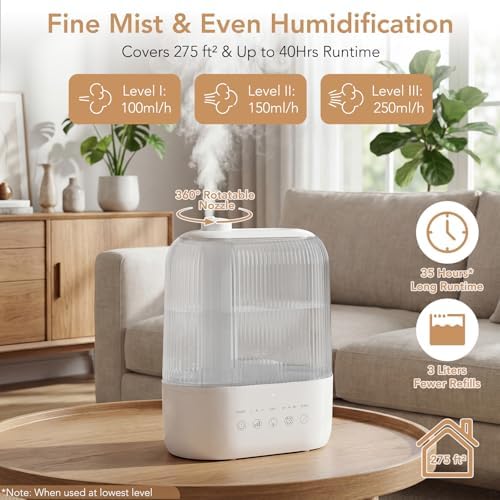 Electactic 3L Top Fill Humidifier, Essential Oil Diffuser & Cool Mist Humidifiers, Smart Humidity Control, Quiet Ultrasonic, 360° Nozzle, 7-Color Light for Bedroom, Home Office