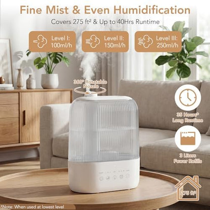 Electactic 3L Top Fill Humidifier, Essential Oil Diffuser & Cool Mist Humidifiers, Smart Humidity Control, Quiet Ultrasonic, 360° Nozzle, 7-Color Light for Bedroom, Home Office