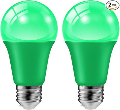 haraqi 2 Pack 9W (60W Equivalent) 120V E26 Base A19 LED Colored Light Bulb, Green LED Lights for Party Christmas Decor and Halloween Lighting