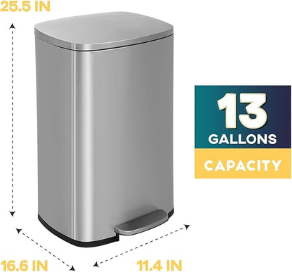 13 Gallon/50 L Garbage Can Kitchen Trash Can with Lid for Office Bedroom Bathroom Step Trash Bin Fingerprint-Proof Brushed Stainless Steel 13 Gallon / 50 Liter