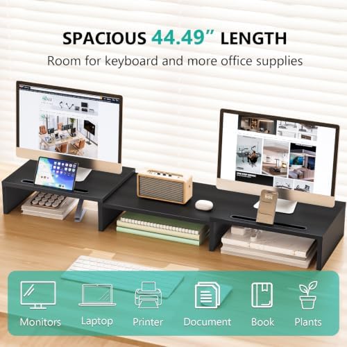 WALI Extra Long Wooden Dual Monitor Stand Riser with 2 Slots, up to 22lbs