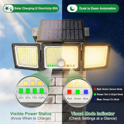 Solar Outdoor Lights Motion Sensor, 2500LM 286 LED Security Flood Lights with Visual Battery & Mode Display, 3 Lighting Modes, IP65 Waterproof 3-Head Wide Angle for Garage, Yard, Patio (6P Warm White)