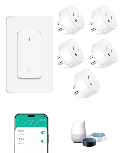 NineLeaf Smart Plug, WiFi Smart Plugs Work with Alexa and Google Home via Tuya,Wireless Outlets Timer with APP Remote Control, 2.4GHz Wi-Fi Only, No Hub Required, TUV FCC Listed (5 outlets+1 Switch)