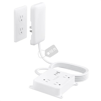 TROND Flat Power Strip with Outlet Concealer with 3 Widely Spaced AC Outlet | 10FT Long Extension Cord 3 USB Charger(2 USB C Ports), Wall Mount Power Strip, Compact for Nightstand Couches Home Essentials