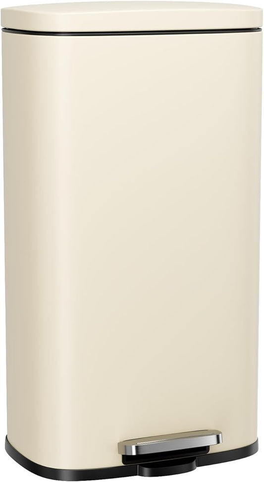 Arlopu 8/13.2 Gallon Step Trash Can, Stainless Steel Garbage Bin, Soft-Close Rubbish Bin with Removable Plastic Inner Bucket, Fingerprint-Proof, Lid Dustbin, Suit for Kitchen (Beige, 30L)