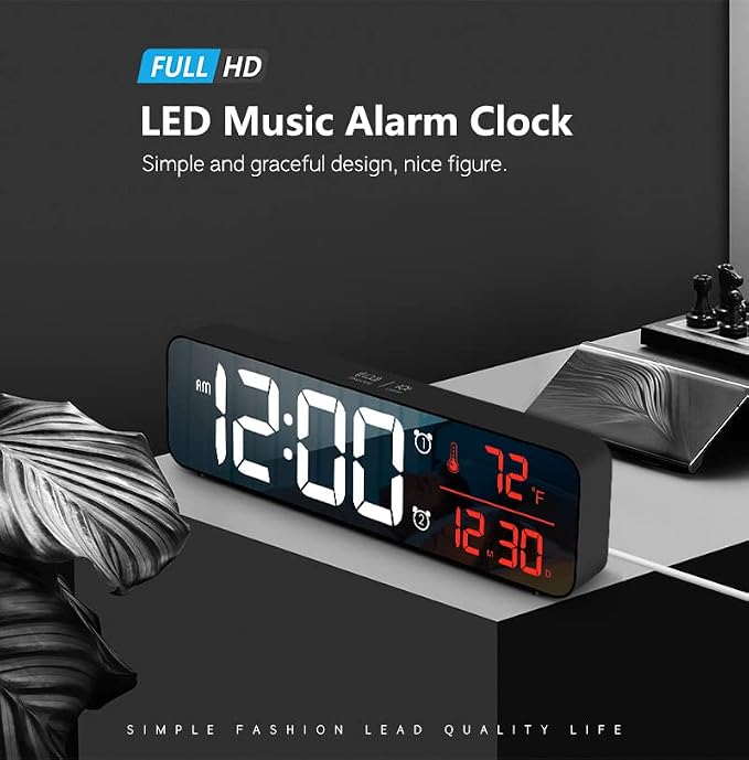 Abovsare Digital Clock for Bedroom, Clocks for Living Room Decor, Desk Table Clock, Alarm Clock Large Display with Date Week Temperature, Automatic Brightness Dimmer, Smart Cool Modern (Red)