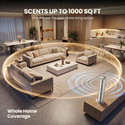 Waterless Essential Oil Diffuser for Large Room up to 1000 Sq Ft - Smart Hotel Scent Diffuser for Home with App, Remote & Timer, Whisper-Quiet Aluminum, Includes 2 x 120ml Oils