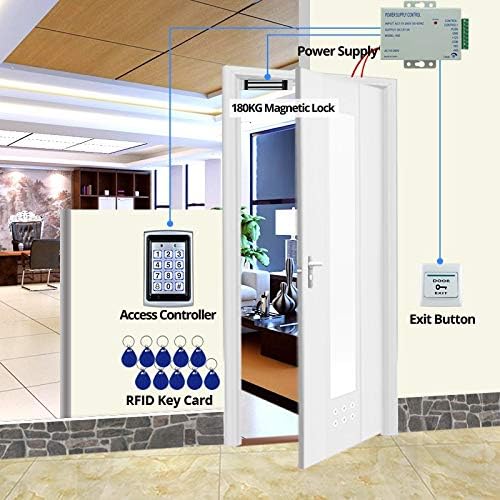 LIBO Full Access Control System Kit Set Metal Controller Keypad 500 Users, 3A Power Supply Switch DC 12V Electric Magnetic Lock 180kg/350lbs + Door Exit Release Button + 10pcs RFID KeyFobs