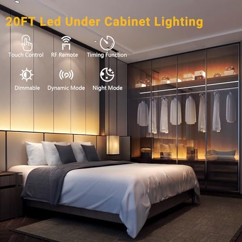 DAYBETTER Under Cabinet Lighting, 6 PCS Under Cabinet Lights, Dimmable LED Strip Lights with Remote, LED Lights for Kitchen Cabinet, Counter, Shelf, 2700K-6500K Warm to Daylight White, Timing, 20 ft