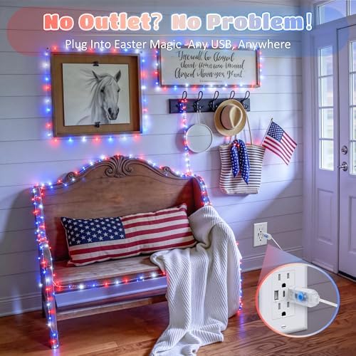 JMEXSUSS 100 LED Red White and Blue Fairy Lights for 4th of July Decor