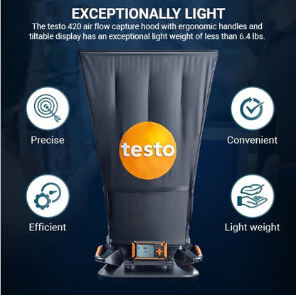 Testo 420 Flow Hood – Airflow Meter HVAC for Air Velocity, Volume Flow, Temperature & Relative Humidity – CFM Meter for Airflow HVAC with Tiltable Display, Bluetooth, and App Compatibility - With NIST