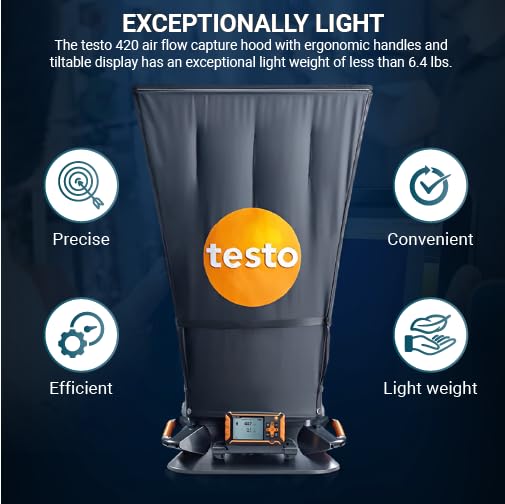 Testo 420 Flow Hood – Airflow Meter HVAC for Air Velocity, Volume Flow, Temperature & Relative Humidity – CFM Meter for Airflow HVAC with Tiltable Display, Bluetooth, and App Compatibility