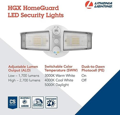 Lithonia Lighting HomeGuard 2-Light LED Outdoor Flood Lights, Outdoor LED Lights, Dusk to Dawn Sensor, Adjustable Lumens, Selectable Color, Square Heads, White (HGX LED 2SH ALO SWW2 120 PE WH M2)