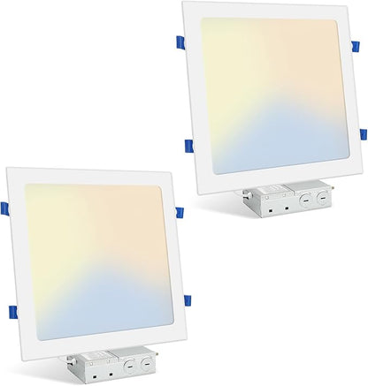 HONZIN 2 Pack 12 Inch Square Recessed Lighting, 5CCT Ultra-Thin LED Downlight, 2700K/3000K/3500K/4000K/5000K Selectable, Dimmable, 24W, IC Rated Canless Ceiling Lights with Junction Box, White Trim