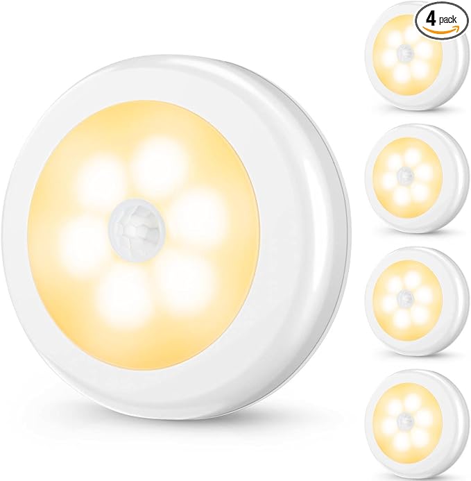 Mlambert 4 Pack Motion Sensor LED Night Light, Cordless Battery-Powered Stick-on Magnet Closet Lights, Safe Lighting for Stairs, Cabinet, Warm White