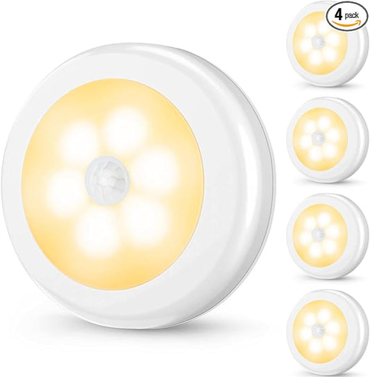 Mlambert 4 Pack Motion Sensor LED Night Light, Cordless Battery-Powered Stick-on Magnet Closet Lights, Safe Lighting for Stairs, Cabinet, Warm White