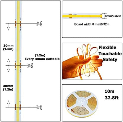 32.8ft/10M 24V COB LED Strip Warm White 3000K 3840LEDs CRI 93+ 6800lm