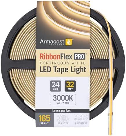 Armacost Lighting RibbonFlex Pro 24V White COB LED Strip Light Tape 3000K, 165 Lumens/Ft, 10M 171250