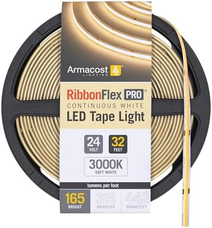 Armacost Lighting RibbonFlex Pro 24V White COB LED Strip Light Tape 3000K, 165 Lumens/Ft, 10M 171250