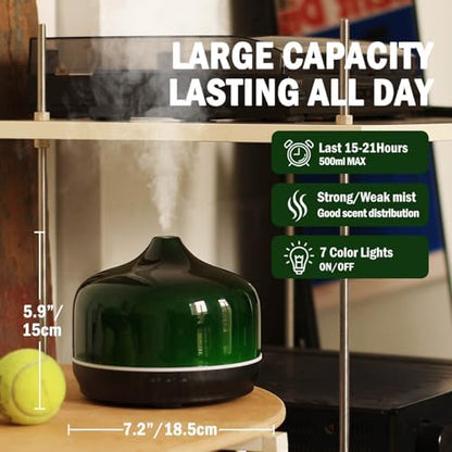 Porseme 500ml Glass Essential Oil Diffuser Aromatherapy Ultrasonic Cool Mist Humidifier 15-21 Running Hours Waterless Auto-Off Air Diffusers for Sleeping Yoga Working Spa(Hulk Green)