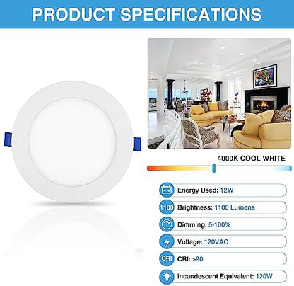 ECOELER 6 Inch Ultra-Thin LED Recessed Lighting with Junction Box, 12W 4000K Cool White, Dimmable Can-Killer Downlight, 1100Lm High Brightness, ETL Listed