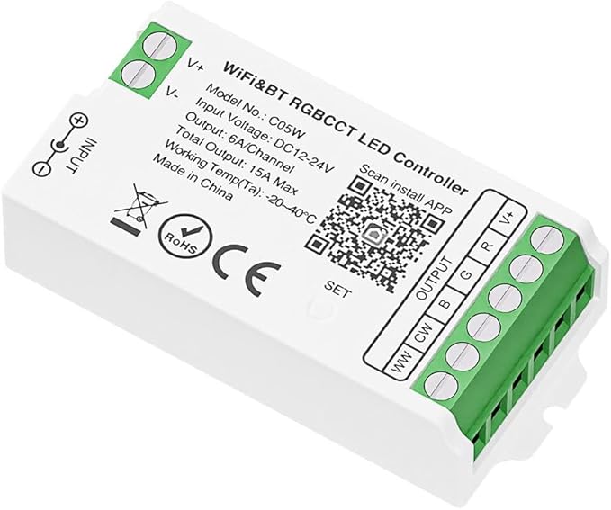 C05W 6PIN RGBCCT LED Strip Contrallor,2.4GHz WiFi Group Controller Alexa Google Home,Smartphone APP Control Compatible with LM091 RC03RF LM007 LM097 RGBCCT Remote,DC12-24V