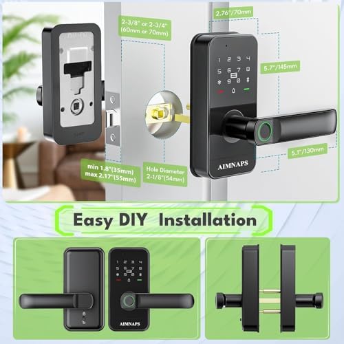 Keyless Entry Door Lock with Handle, Door Locks for Bedroom, Auto Lock, Fingerprint Door Knob with Key, Passcode, Digital Smart Code & Front Handle Sets-Black