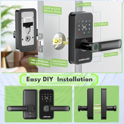 Keyless Entry Door Lock with Handle, Door Locks for Bedroom, Auto Lock, Fingerprint Door Knob with Key, Passcode, Digital Smart Code & Front Handle Sets-Black