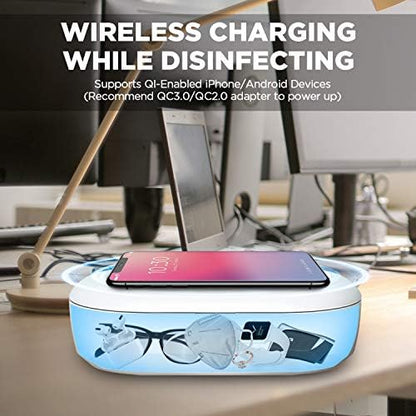 UV Light Sanitizer Box with Wireless Charging, 8 UV-C LED Lights for Phones, Toothbrushes, Nail Tools, Jewelry, and More (Blue)