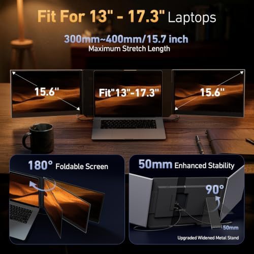 Vixtan 15.6" Triple Laptop Screen Extender, Ultra-Thin FHD IPS Portable Monitor for Laptop, USB-C Plug & Play Multi Screen Attachment for 13-17.3" laptops with Windows/Mac/Chrome