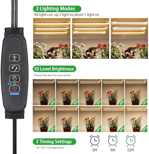 10.2'' 3 Head Grow Light Strips, LED Grow Lamps for Indoor Plants, Full Spectrum 3000K, Plant Light with 3/9/12H Timer, 10 Dimmable Levels for Seedling Succulent, Match for Plant Shelf