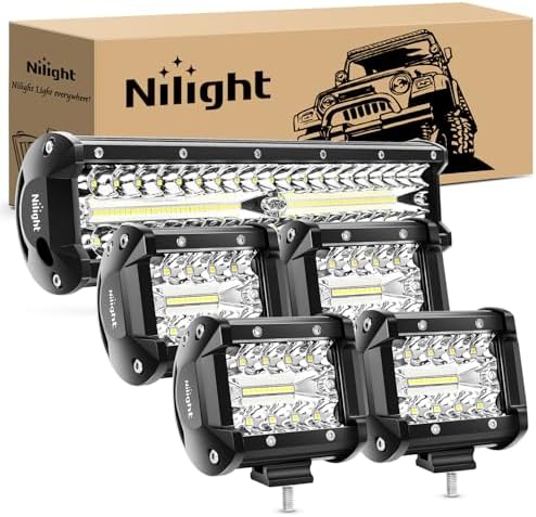 Nilight LED Light Bar 12 Inch 300W 4Pcs 4 Inch 60W Spot Flood Pods Off Road Driving Fog Work Lighting for Truck Tractor Pickup Boat SUV ATV UTV Car 4x4 Van Camper Motorcycle Dirt Bike Golf Cart