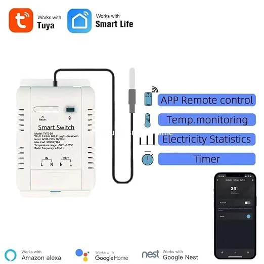 Tuya WiFi 16A Temp Controller Energy Monitor 85-250V Smart Switch