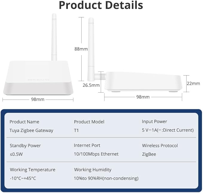 Zigbee Hub T1 with External Antenna for 2000 sq.ft Coverage, Wired Ethernet Tuya Zigbee Gateway Compatible with Alexa Google Home, Low Power Smart Home Bridge for Tuya Zigbee Devices