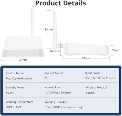 Zigbee Hub T1 with External Antenna for 2000 sq.ft Coverage, Wired Ethernet Tuya Zigbee Gateway Compatible with Alexa Google Home, Low Power Smart Home Bridge for Tuya Zigbee Devices