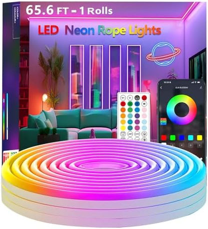 65.6FT Neon Rope Lights,Flexible Led Light Control with App/Remote,Multiple Modes,IP65 Outdoor Waterproof,Music Sync Strip for Bedroom
