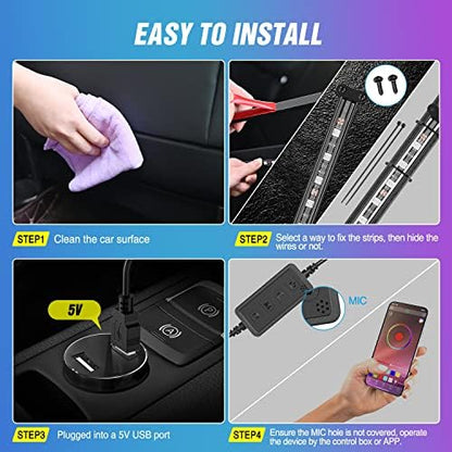 Nilight 4PCS USB Car Interior Lights Dream Color App and Remote Control | 72LED 5V DC RGB-IC Music Car Neon Accent Light Strips Under Dash Lighting Kit with Sound Active Function