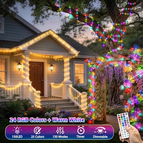 50ft Fairy Lights Plug in, Dimmable 25 Colors 14 Modes RGB+Warm White Color Changing String Lights,150LED Twinkle Lights with Remote, Christmas Fairy Lights for Indoor Outdoor Party Xmas Décor