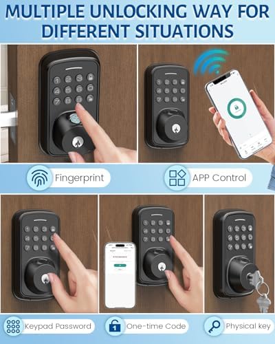Keyless Entry Door Lock with Handle Set, Smart Door Lock with Fingerprint, 5 in 1 Unlock, Auto Lock Biometric Fingerprint Door Lock for Front Door, Easy Installation (Black)