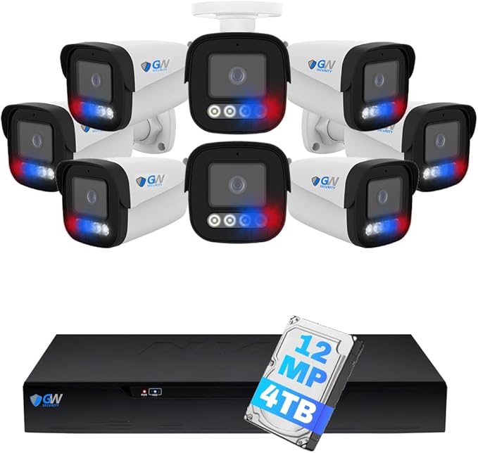 GW Security UltraHD 6K License Plate/Face Recognition 16 Channel Security Camera System with 8 x 12MP Waterproof Two-Way Audio Alarm Light Bullet Cameras, 10 Smart AI Functions, NDAA & TAA Compliant