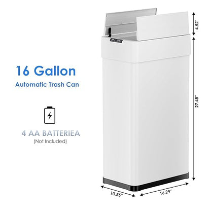 Automatic Trash Can,16 Gallon Touchless Motion Sensor Trash Bin, Smart Garbage Can with Soft-Close Lid, Bag Retainer Ring and Display Light,for Kitchen,Living Room Office (White, 60L)