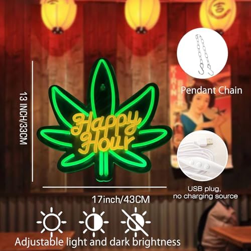 Happy Hour Neon Sign, USB 5V Powered LED Silicone Strip Neon Light, Acrylic Board Wall Decor for Bar Pub Man Cave Home Party, Non-Waterproof Indoor Use Only, Marijuana Neon Signs for Wall Decor
